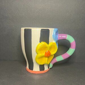 Whimsical Abstract Multicolor Art Pottery Ceramic Floral Striped Coffee Mug Cup